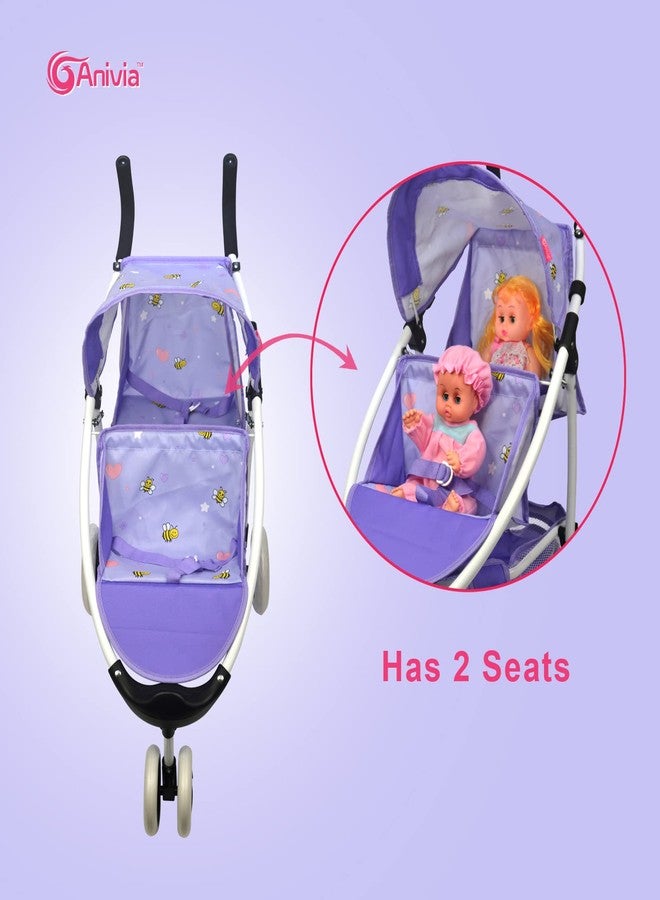 Anivia Doll Stroller Toy Anivia Realistic Twin Dolls Pram, Doll Pushchair with Shopping Basket Heart Design Gifts for Toddlers and Girls Foldable Baby Doll Stroller Toy (DA310pur) - Image 3